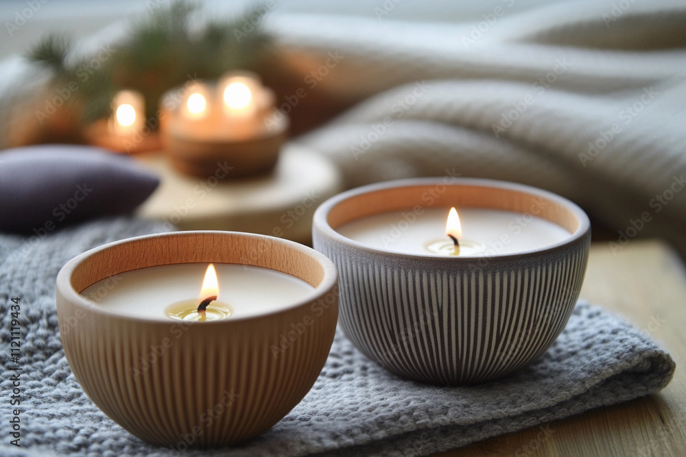 Relaxing atmosphere with lit candles on a cozy blanket and decorative accents in a tranquil setting. Generative AI Relaxing atmosphere with lit candles on a cozy blanket and decorative accents in a tranquil setting. Generative AI