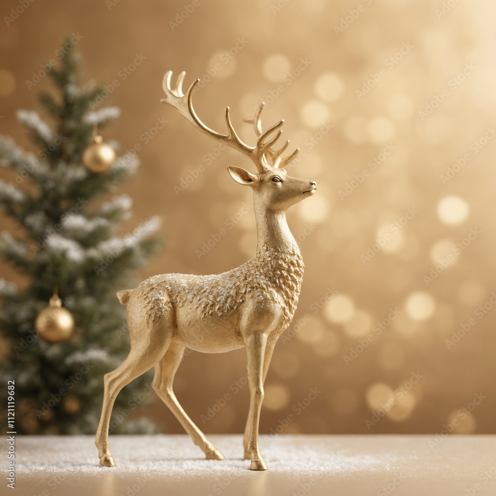 Golden Reindeer Figurine on Snow with Warm Glow Golden Reindeer Figurine on Snow with Warm Glow