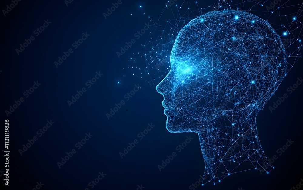 Digital human face silhouette made of glowing blue network connections, artificial intelligence Digital human face silhouette made of glowing blue network connections, artificial intelligence