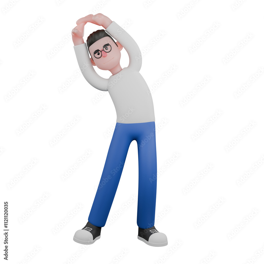 Fototapeta premium Video Editor in Cartoon Style 3D Model Illustration. A male video editor stands while stretching, and both hands are above head,expression of relief. Design Character.
