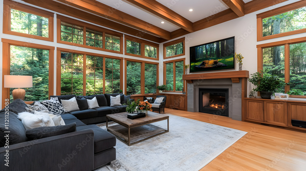 Interior design of a contemporary living room with a wooden staircase in a farmhouse Interior design of a contemporary living room with a wooden staircase in a farmhouse