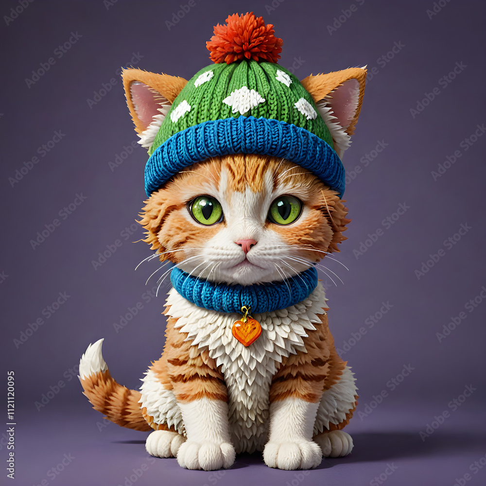 Fototapeta premium there is a cat wearing a knitted hat and scarf