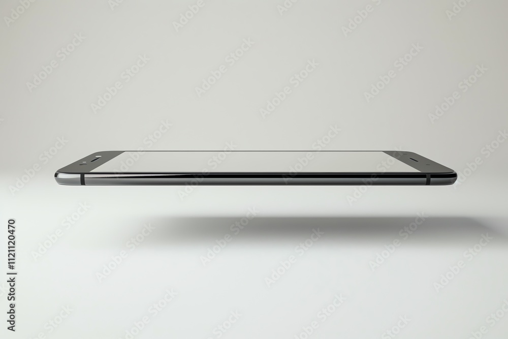 Sleek black smartphone, side view, floating on white background. Sleek black smartphone, side view, floating on white background.