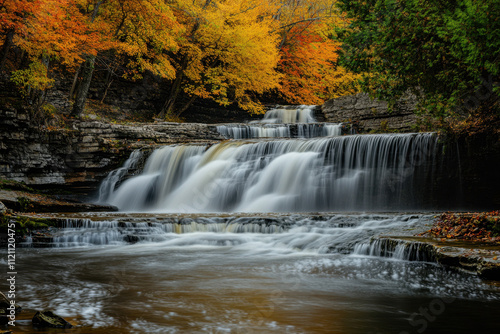 Serene autumn waterfall cascading over layered rocks, surrounded by vibrant orange and yellow foliage, creating a tranquil natural setting.