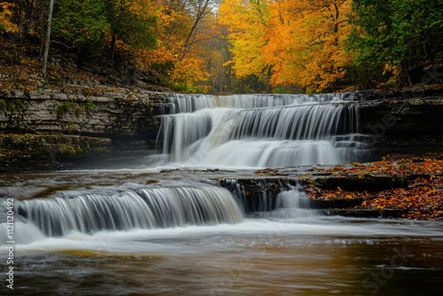 Serene waterfall cascading through vibrant autumn foliage, creating a tranquil and picturesque natural scene in a forest setting.