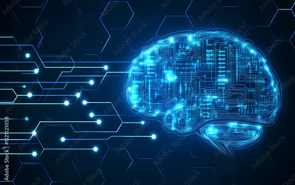 Digital brain with neural network circuitry, artificial intelligence concept with glowing blue Digital brain with neural network circuitry, artificial intelligence concept with glowing blue