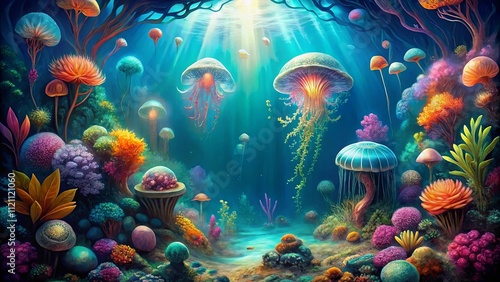 Enchanted Underwater Realm with Bioluminescent Jellyfish and Vibrant Flora