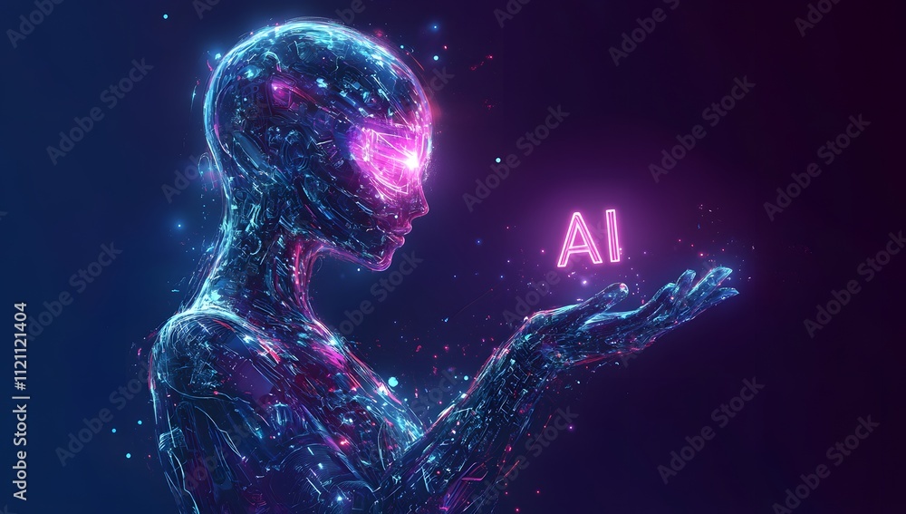 Futuristic female AI robot holding Futuristic female AI robot holding