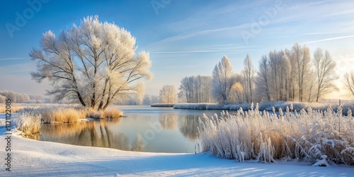 Serene Winter Landscape Frost-Covered Trees Reflecting in a Still, Icy Pond on a Sunny Day