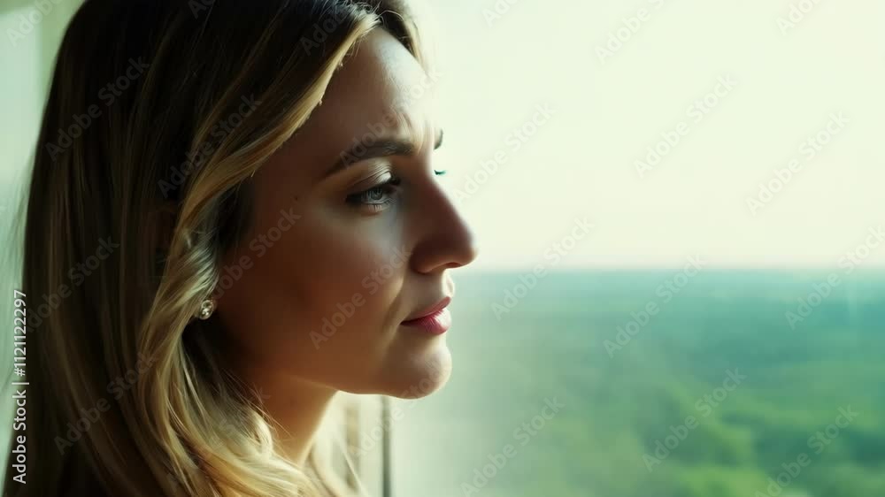 A woman sits by a large window, gazing thoughtfully outside. The sun sets, illuminating her features as she enjoys the calming view of the green landscape, lost in reflection. A woman sits by a large window, gazing thoughtfully outside. The sun sets, illuminating her features as she enjoys the calming view of the green landscape, lost in reflection.
