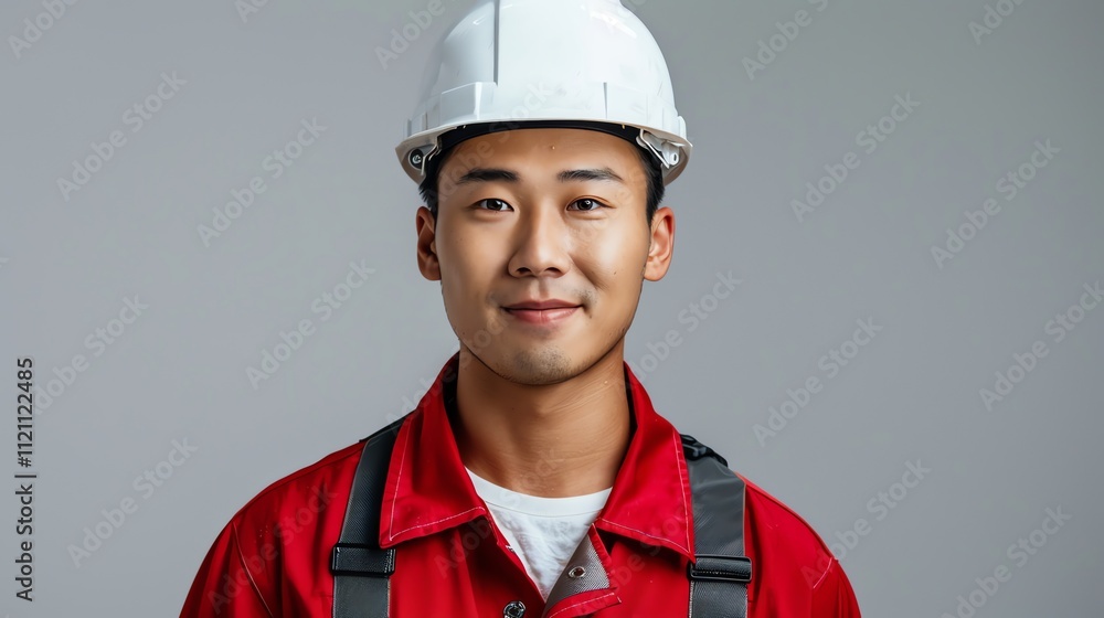 Smiling Asian male construction worker in a white hard hat and red uniform. Smiling Asian male construction worker in a white hard hat and red uniform.