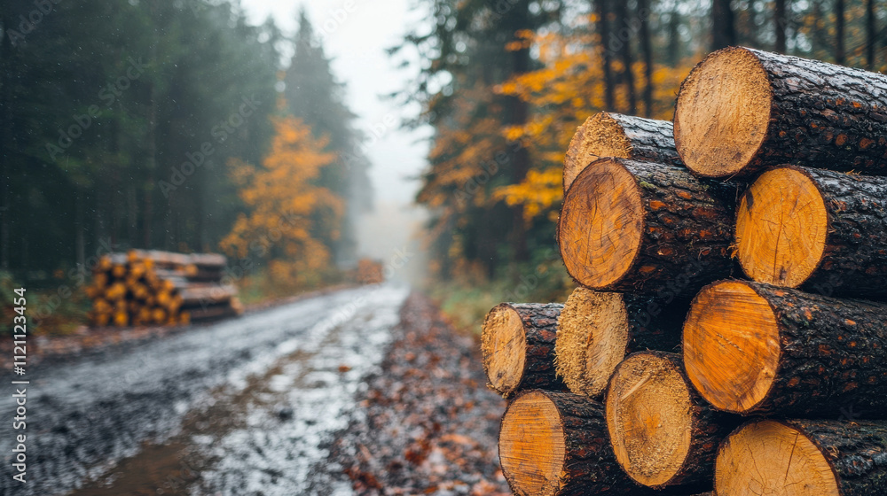 timber logs concept. Stacked timber logs along misty forest road, surrounded by autumn colors timber logs concept. Stacked timber logs along misty forest road, surrounded by autumn colors