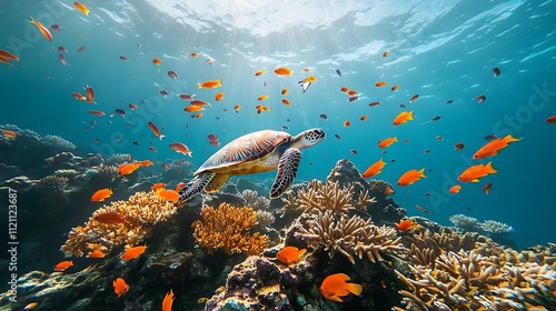 Fototapeta Naklejka Na Ścianę i Meble -  A vibrant coral reef with schools of fish swimming among colorful corals and a sunlit ocean surface