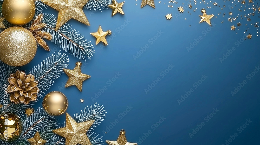 Fototapeta premium Elegant Christmas background with golden decorations and greenery.