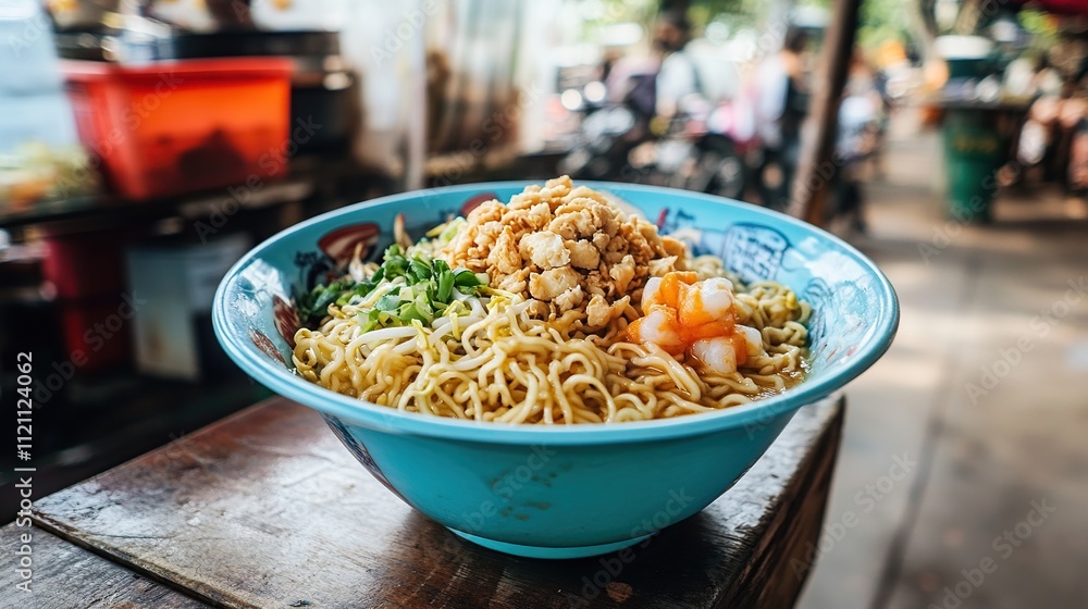 Delicious noodle soup in a blue bowl at a street food market. Delicious noodle soup in a blue bowl at a street food market.