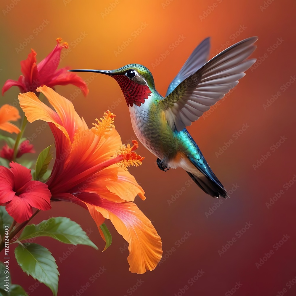 Fototapeta premium A colorful hummingbird with a long beak hovering near flower