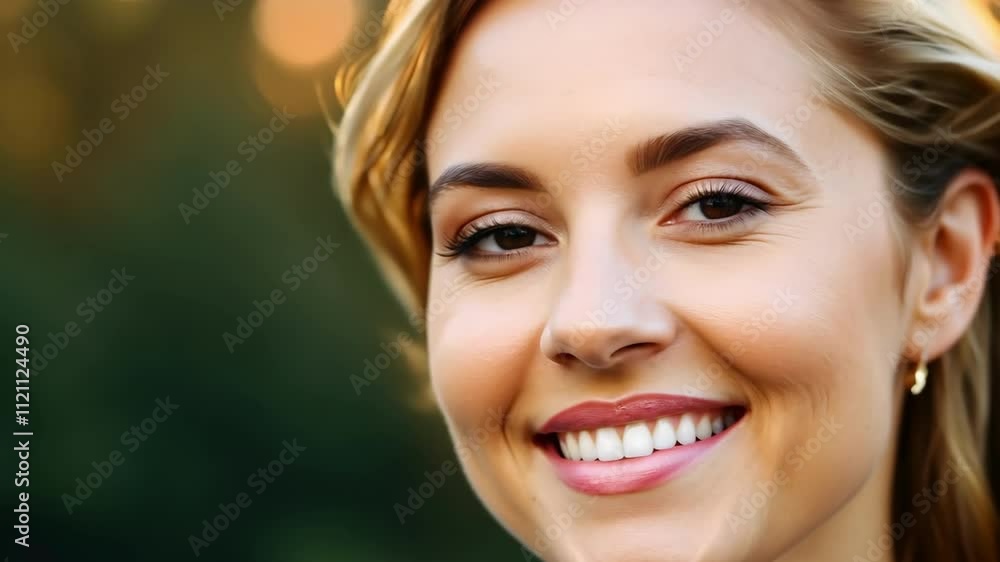 A woman smiles brightly while surrounded by nature. Her hair flows gently in the breeze as sunlight reflects off her joyful expression, showcasing a moment of happiness. A woman smiles brightly while surrounded by nature. Her hair flows gently in the breeze as sunlight reflects off her joyful expression, showcasing a moment of happiness.