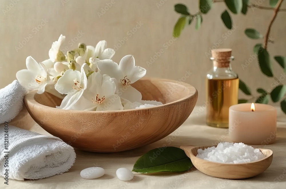 A wooden bowl with white flowers inside, surrounded by spa products like candles and salt pebbles on the table. A towel is folded in front of it, while another rose petal lies next to an oil bottle A wooden bowl with white flowers inside, surrounded by spa products like candles and salt pebbles on the table. A towel is folded in front of it, while another rose petal lies next to an oil bottle