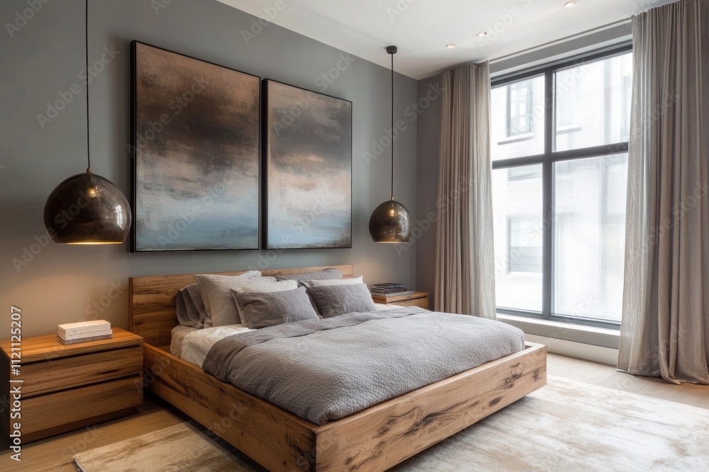 Modern bedroom with large window, wooden bed, gray bedding, and artwork. Modern bedroom with large window, wooden bed, gray bedding, and artwork.