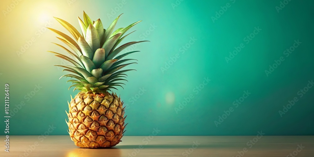A single ripe pineapple sits on a table against a teal background, bathed in warm sunlight A single ripe pineapple sits on a table against a teal background, bathed in warm sunlight