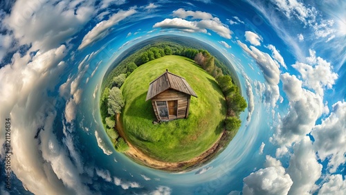 Tiny House on a Verdant Hilltop Surrounded by a Miniature Planet of Clouds and Sky