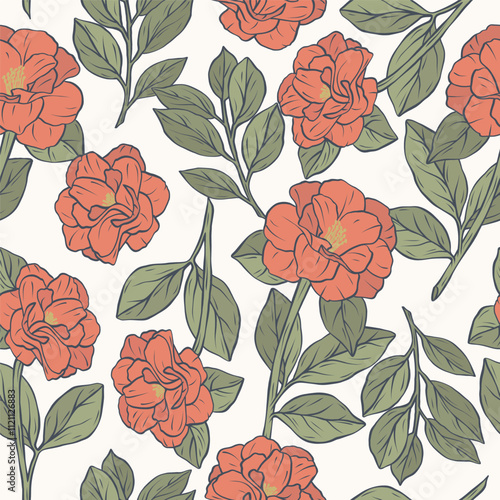 Hand drawn line art camellia flowers background	