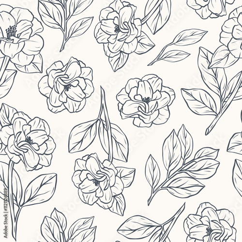 Hand drawn doodle line art camellia flowers background