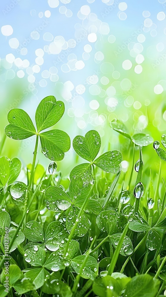 Close-up of fresh clover leaves with water droplets on green background. Close-up of fresh clover leaves with water droplets on green background.