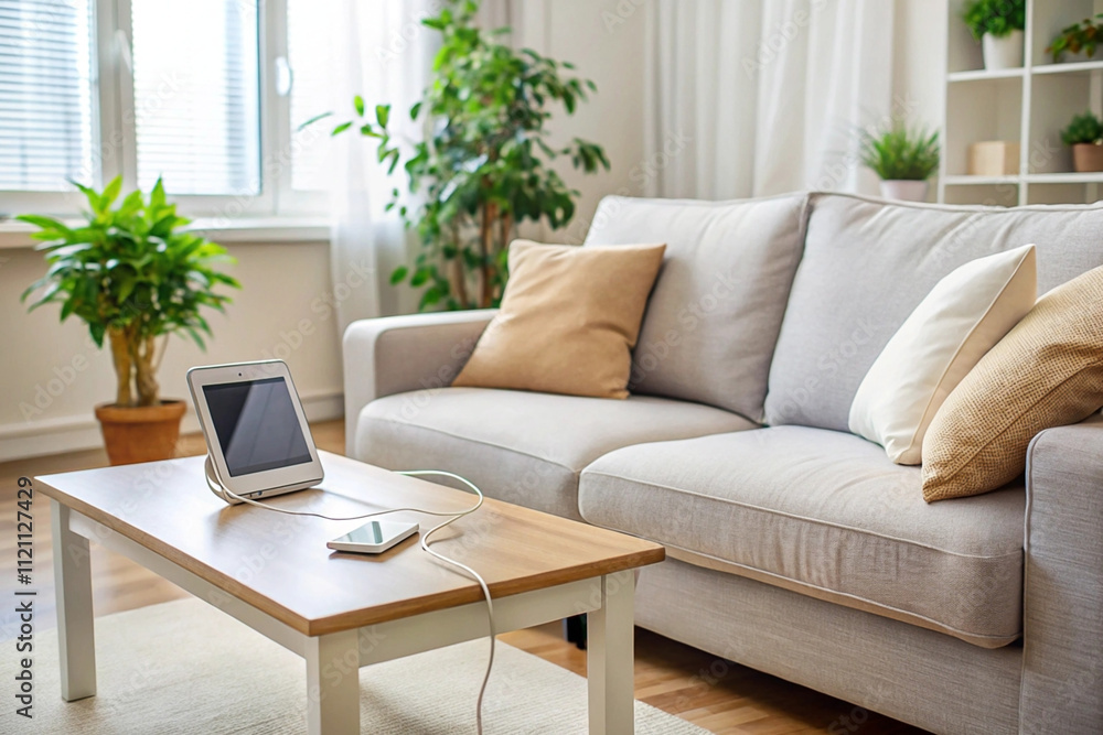 Obraz premium Tablet and phone charging on coffee table in modern living room with sofa and plants.