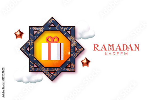 Ramadan Kareem. Islamic greeting card template. 3D traditional holiday design.