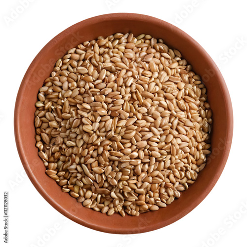 Ceramic bowl filled with golden grains of wheat.