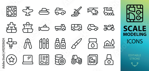 Scale modeling isolated icons. Set of plastic model kit, sprue, historic scale models of tank, airplane, artillery, train, battle ship, transport, aerograph, diorama, paints, tools vector icon