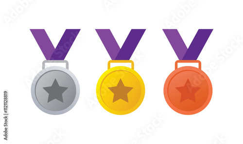 Medal icon set. Realistic medal set. Award golden, silver and bronze blank medals 3d vector realistic illustration. First, second and third place medals or buttons isolated on white background.