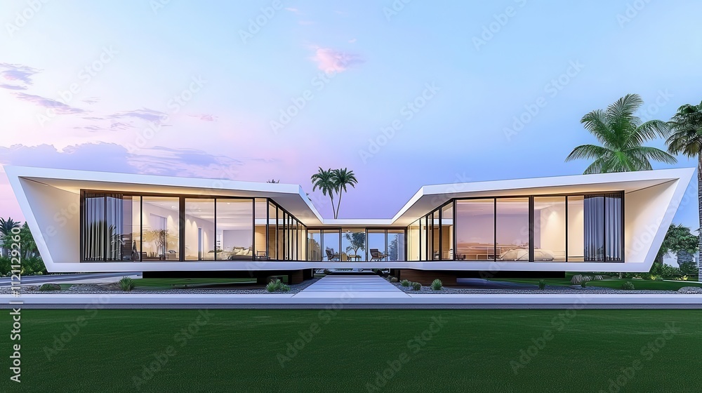 Modern architectural design with large windows and tropical surroundings, white isolate background Modern architectural design with large windows and tropical surroundings, white isolate background