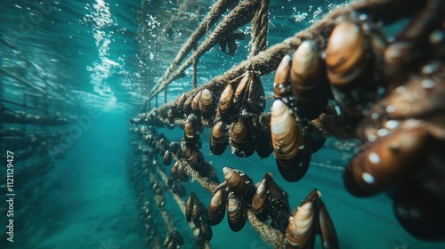 Underwater Mussel Farming Ropes, Shells, Ocean Aquaculture