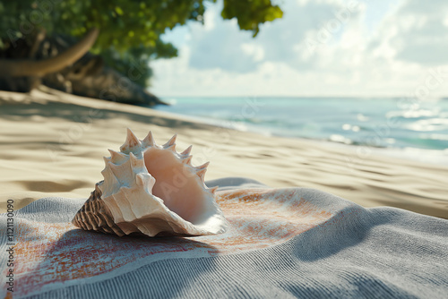 Seashell resting on patterned towel along sunny sandy beach