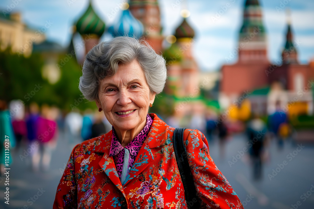 Elderly woman smiling with vibrant attire near iconic architecture Elderly woman smiling with vibrant attire near iconic architecture