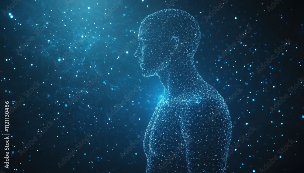 Abstract Digital Human Form Glowing Blue Particles Background Abstract Digital Human Form Glowing Blue Particles Background