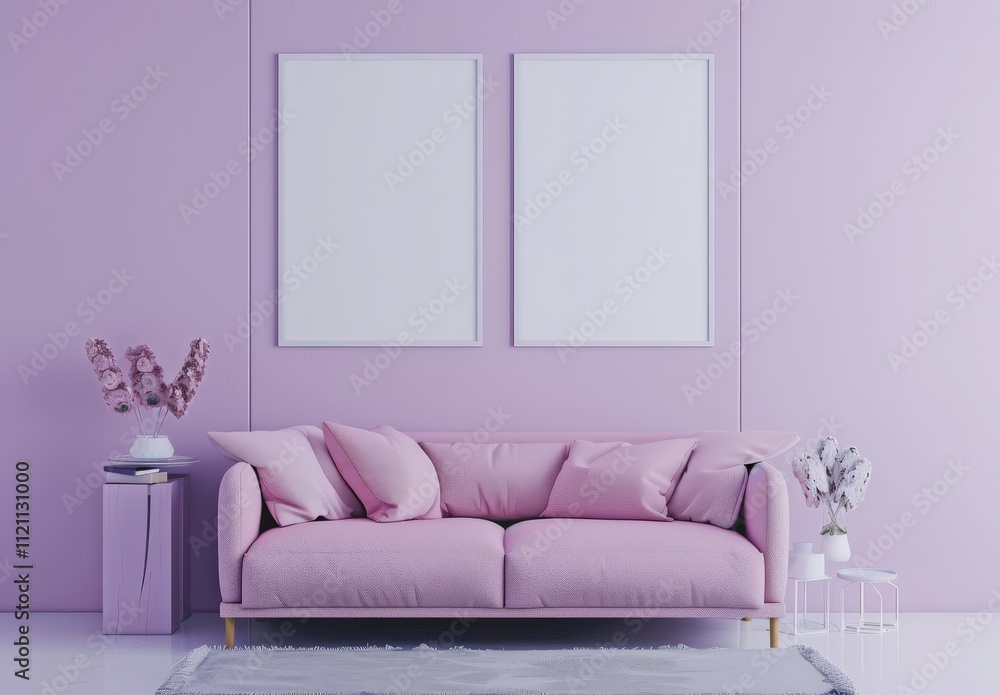Two blank frames above a pink sofa in a modern living room Two blank frames above a pink sofa in a modern living room