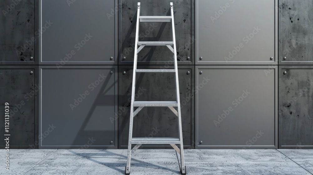 A simple yet sturdy metal stepladder casting a geometric shadow against a plain dark wall background This minimalist industrial style equipment conveys a sense of functionality safety A simple yet sturdy metal stepladder casting a geometric shadow against a plain dark wall background This minimalist industrial style equipment conveys a sense of functionality safety