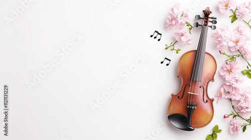 Violin with musical notes and pink flowers on a white background