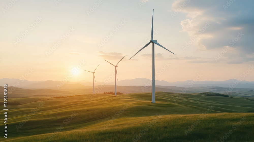 Obraz premium Wind turbines generating renewable energy at sunset in green landscape