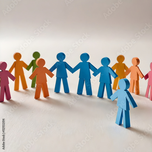 several paper people holding hands in a circle on a white surface