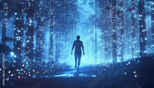 A lone figure walks through a glowing blue forest