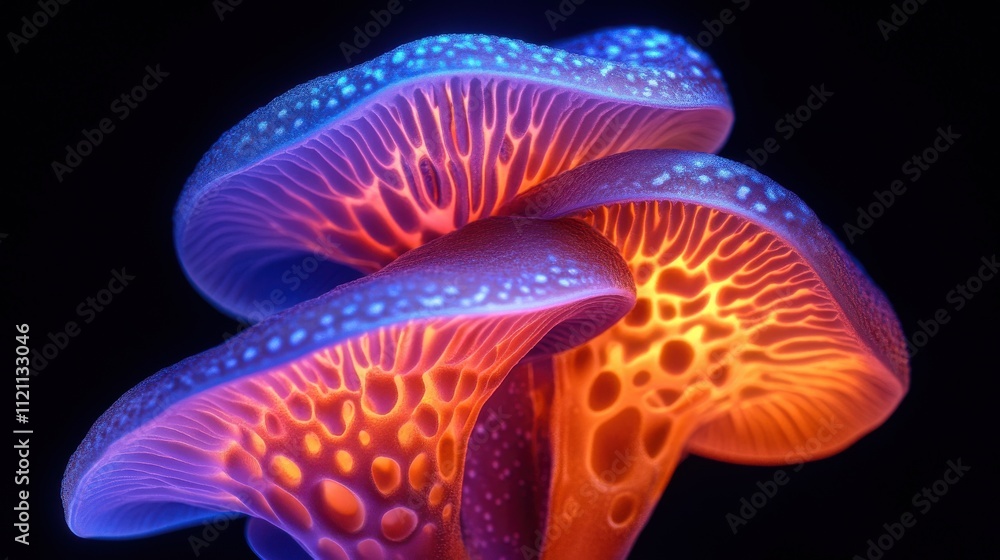 Fototapeta premium Biolluminecent Fungi Cluster Vibrant Orange and Blue Mushrooms