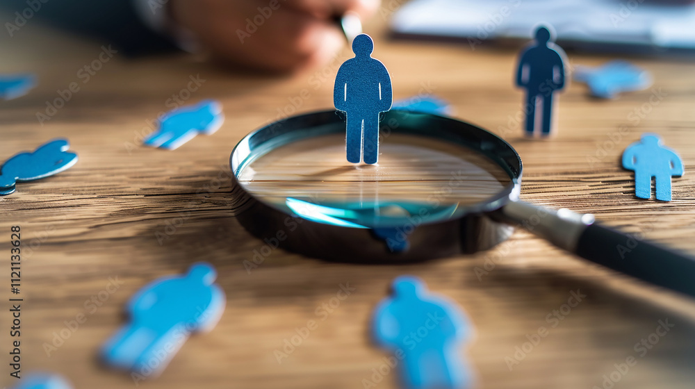 Obraz premium Magnifying Glass Focusing on Human Figure for Recruitment Concept
