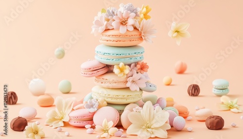 Pastel Macarons Stacked with Delicate Spring Flowers photo