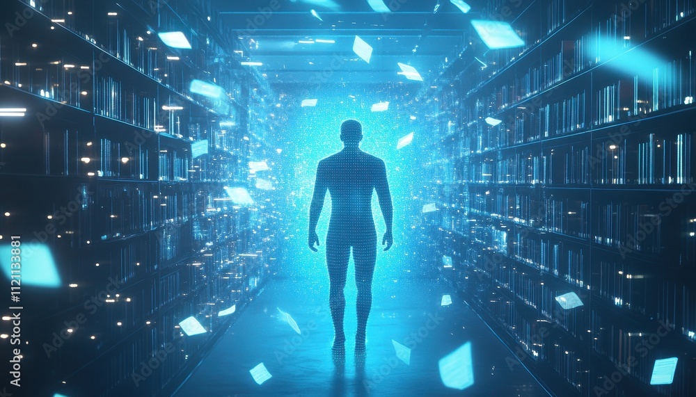 Digital Silhouette Walking Through A Virtual Library Of Data Digital Silhouette Walking Through A Virtual Library Of Data