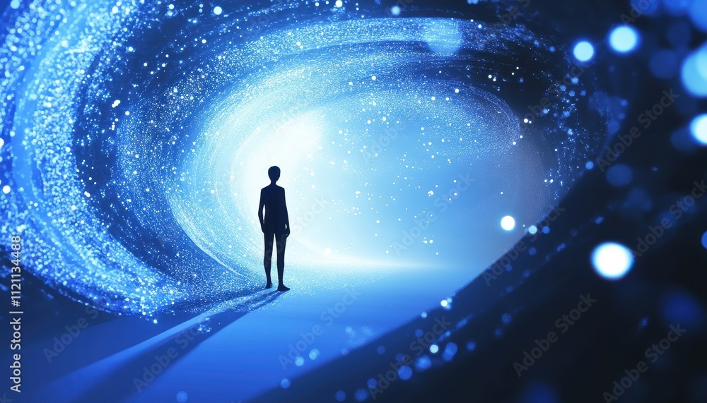 A lone figure stands before a swirling blue light tunnel A lone figure stands before a swirling blue light tunnel