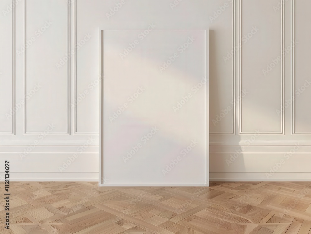 A blank white picture frame on a white wall and hardwood floor A blank white picture frame on a white wall and hardwood floor